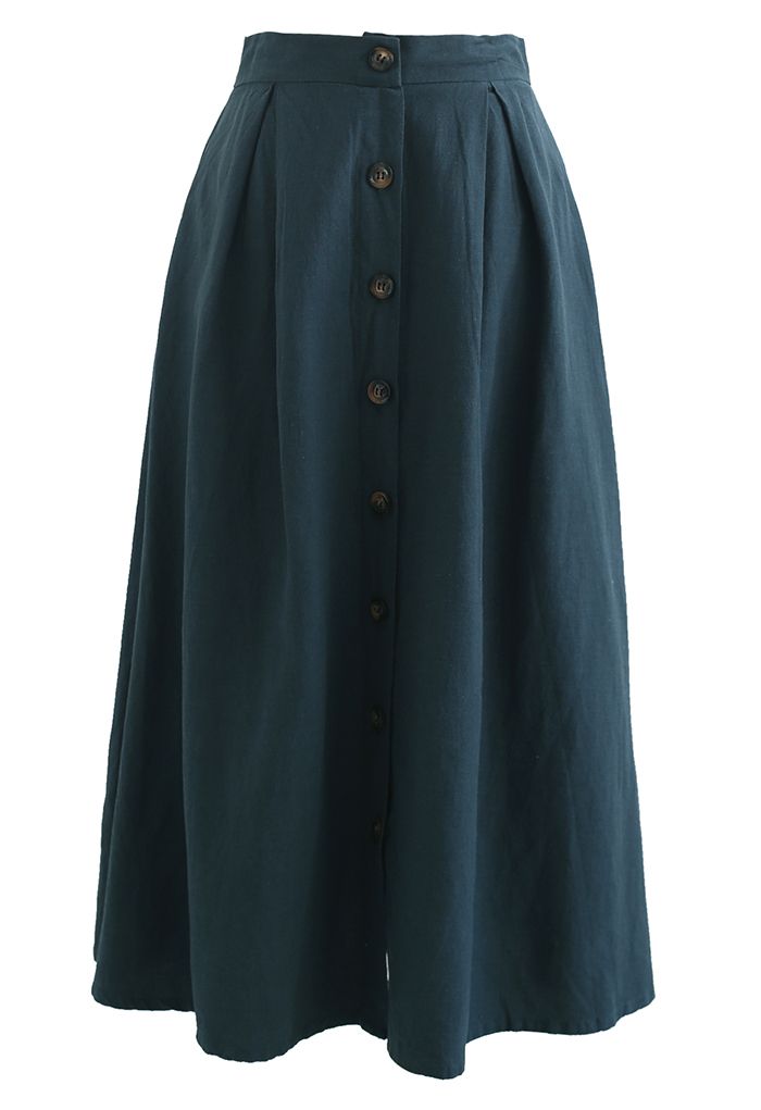 Button Front Cotton A-Line Midi Skirt in Dark Green