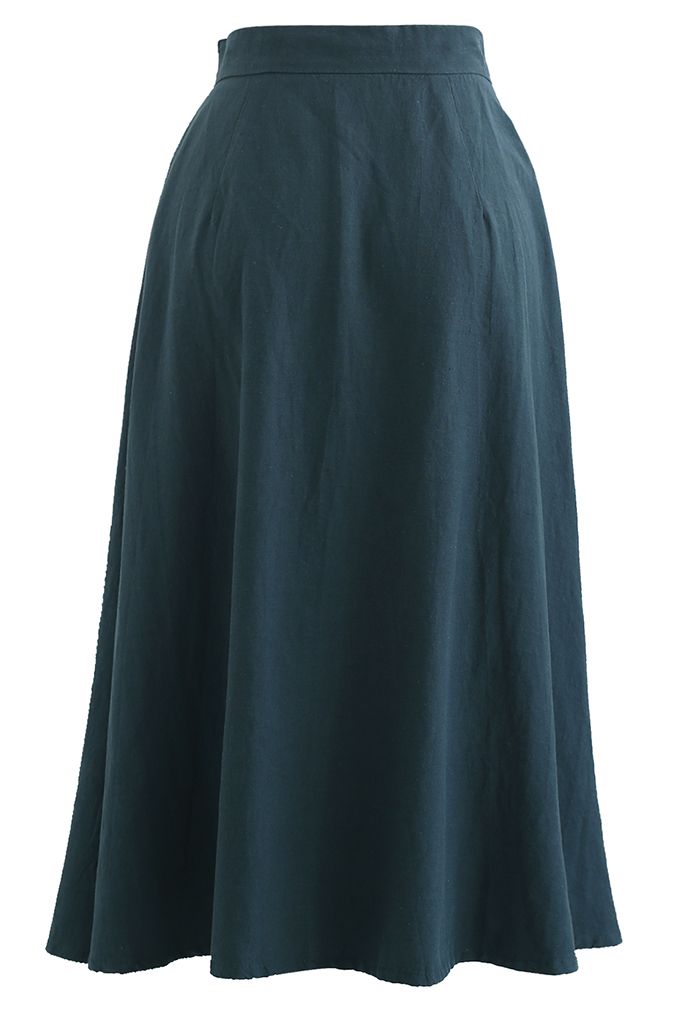Button Front Cotton A-Line Midi Skirt in Dark Green