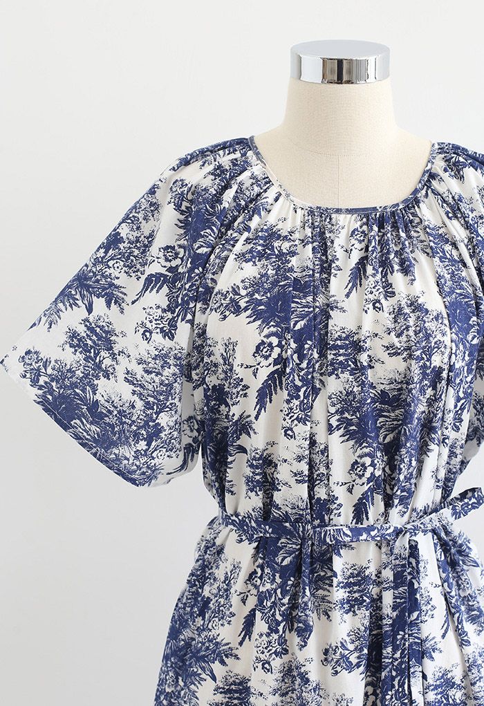 Flare Sleeve Floral Print Dolly Dress in Navy