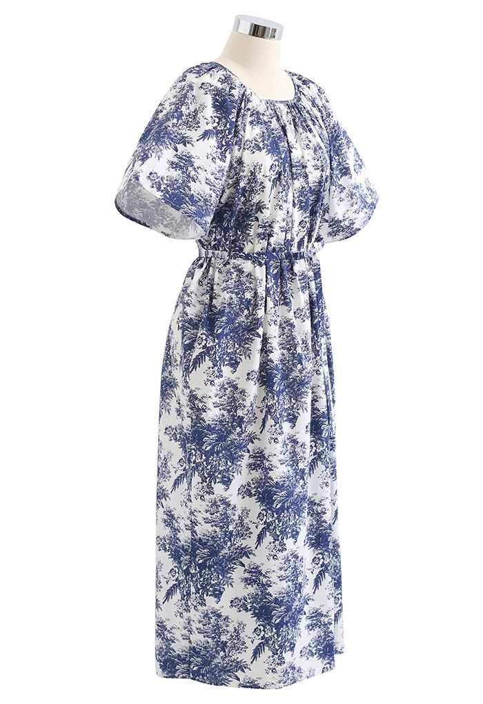 Flare Sleeve Floral Print Dolly Dress in Navy
