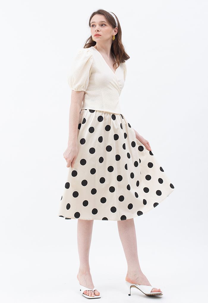 Polka Dot Print A-Line Midi Skirt in Cream