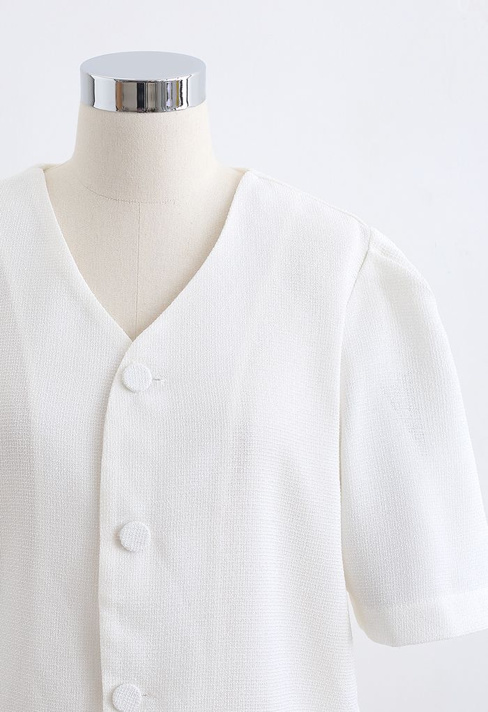 Collarless Button Down Textured Blazer in White