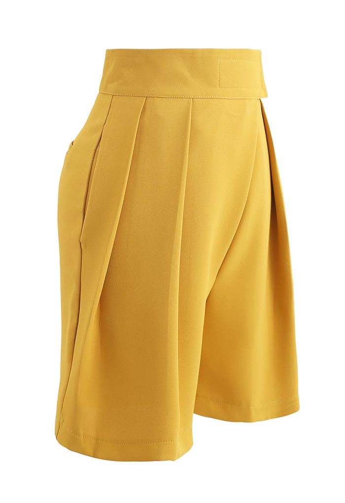High-Rise Tab Waist Tailored Shorts in Mustard