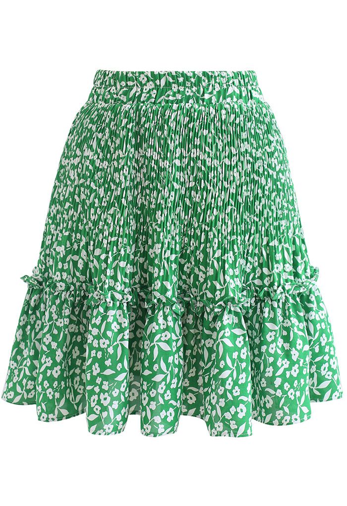 Floret Print Ruffle Detailing Mini Skirt in Green