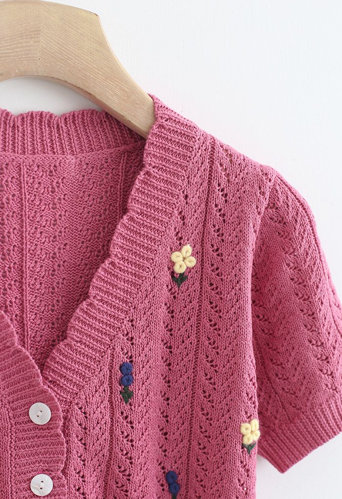 Floweret Button Front Eyelet Crop Cardigan in Rouge Pink