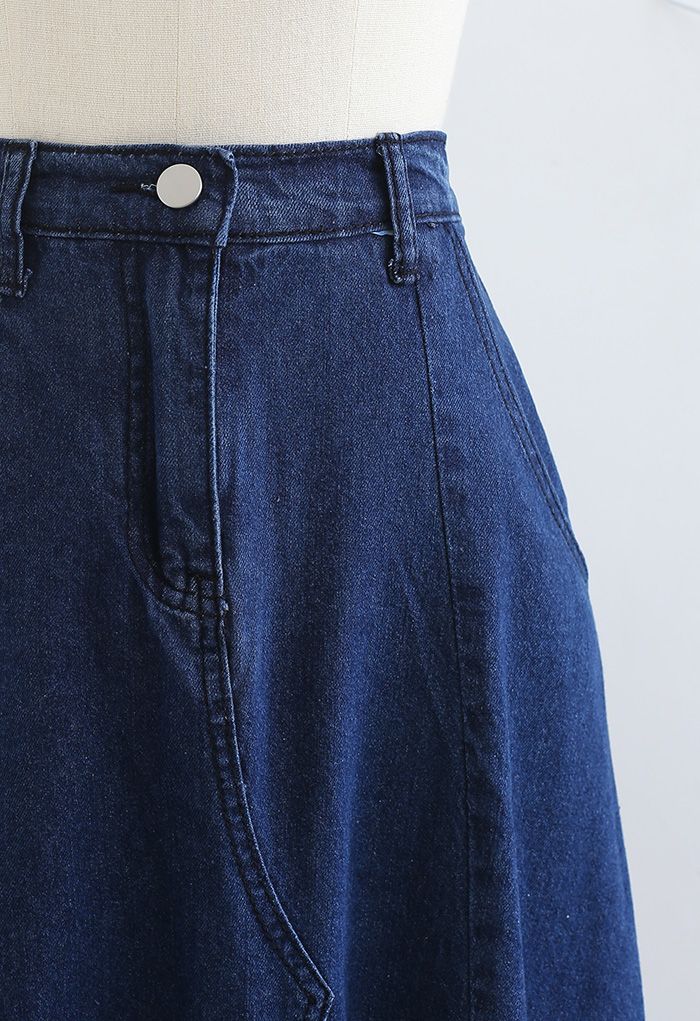 Side Pocket A-Line Denim Midi Skirt in Navy