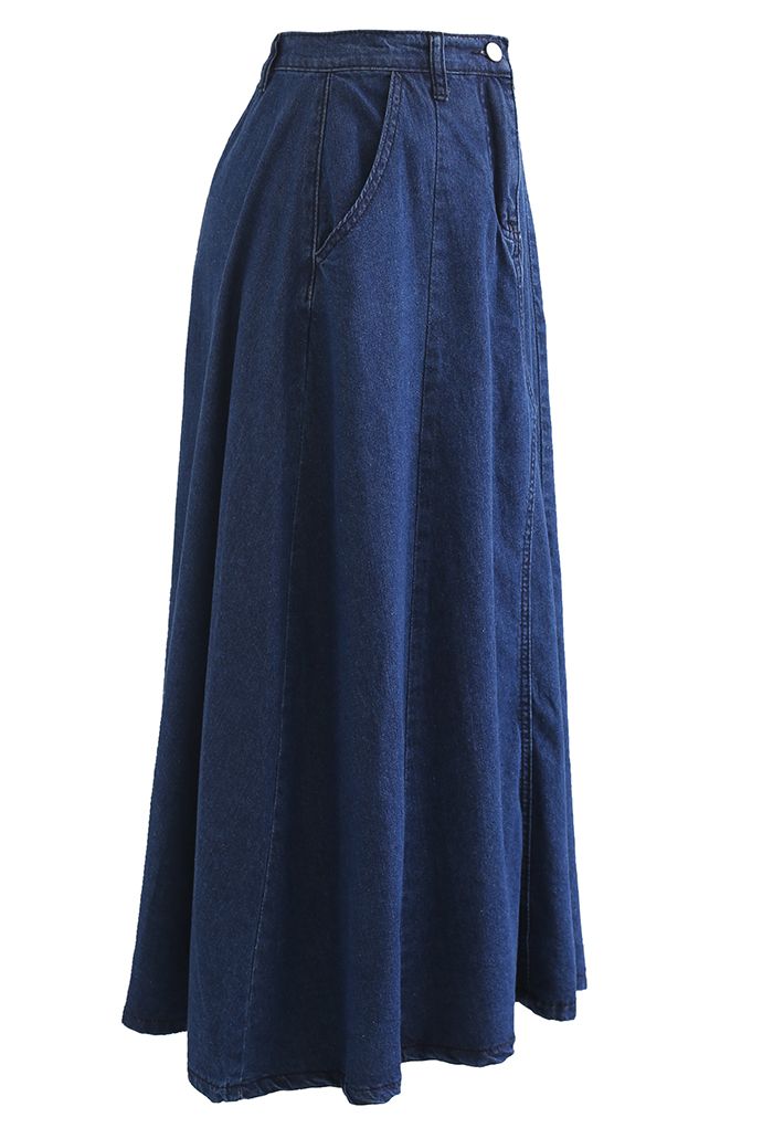 Side Pocket A-Line Denim Midi Skirt in Navy