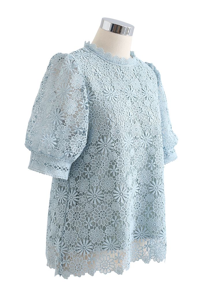 Daisy Land Full Crochet Top in Blue