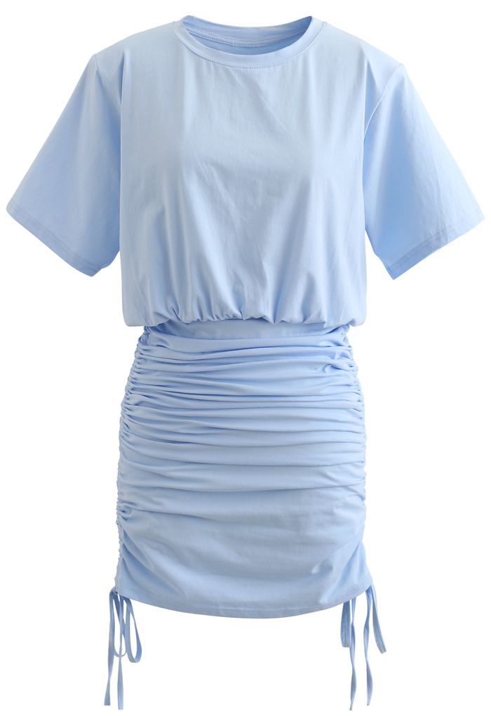 Pad Shoulder Crop Top and Drawstring Skirt Set in Blue