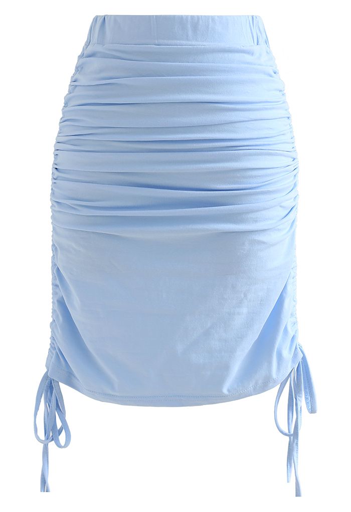 Pad Shoulder Crop Top and Drawstring Skirt Set in Blue