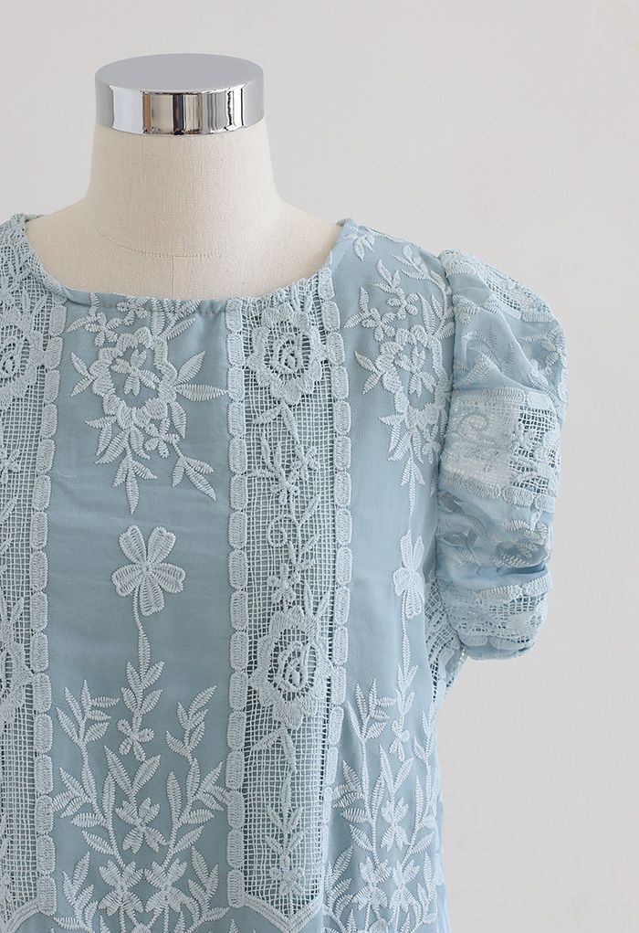 Embroidered Floral Short Sleeve Top in Blue