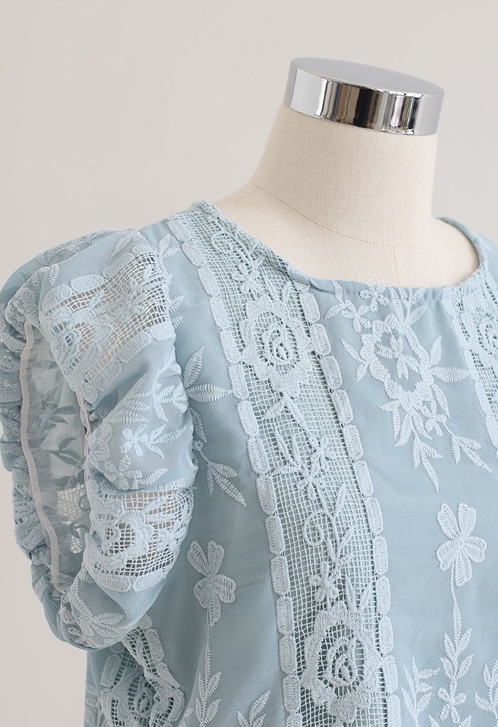 Embroidered Floral Short Sleeve Top in Blue