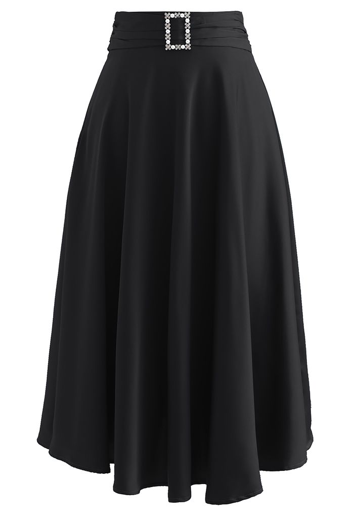 Brooch Detail Satin A-line Midi Skirt in Black