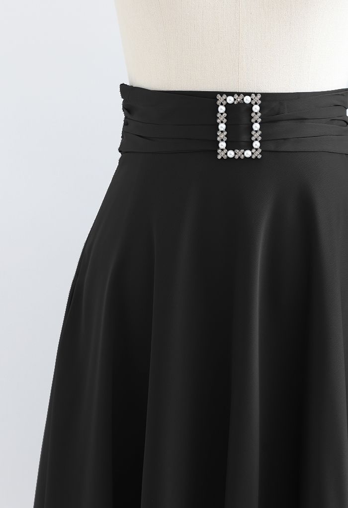 Brooch Detail Satin A-line Midi Skirt in Black