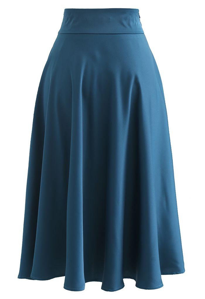 Brooch Detail Satin A-line Midi Skirt in Indigo