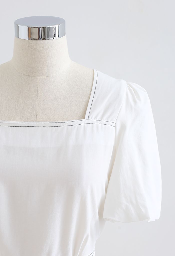 Buttoned Back Self-Tie Crop Top in White