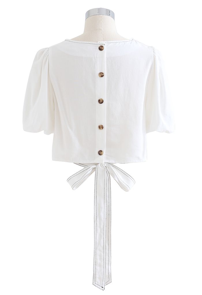 Buttoned Back Self-Tie Crop Top in White