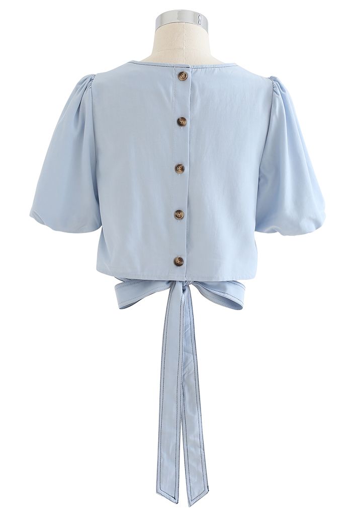 Buttoned Back Self-Tie Crop Top in Sky Blue