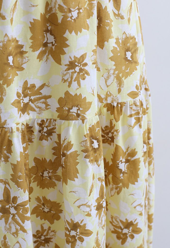 Floral Print Cotton Midi Skirt in Mustard