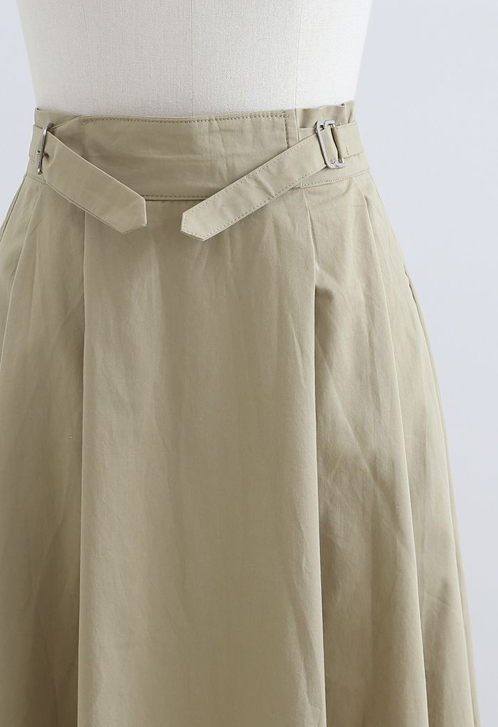 Belted Waist Pleated Cotton Midi Skirt in Tan