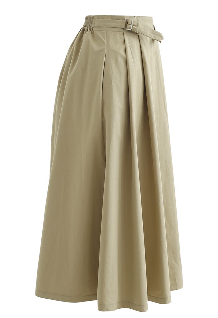 Belted Waist Pleated Cotton Midi Skirt in Tan