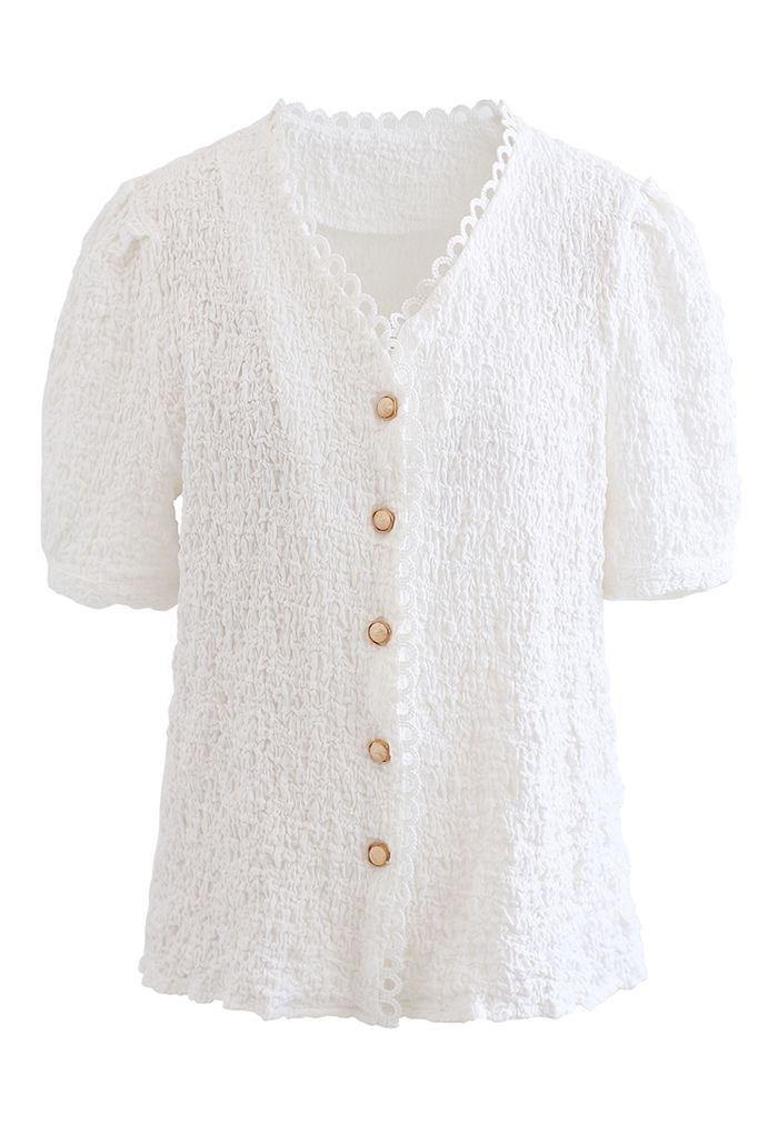 Embossed V-Neck Button Front Top in White