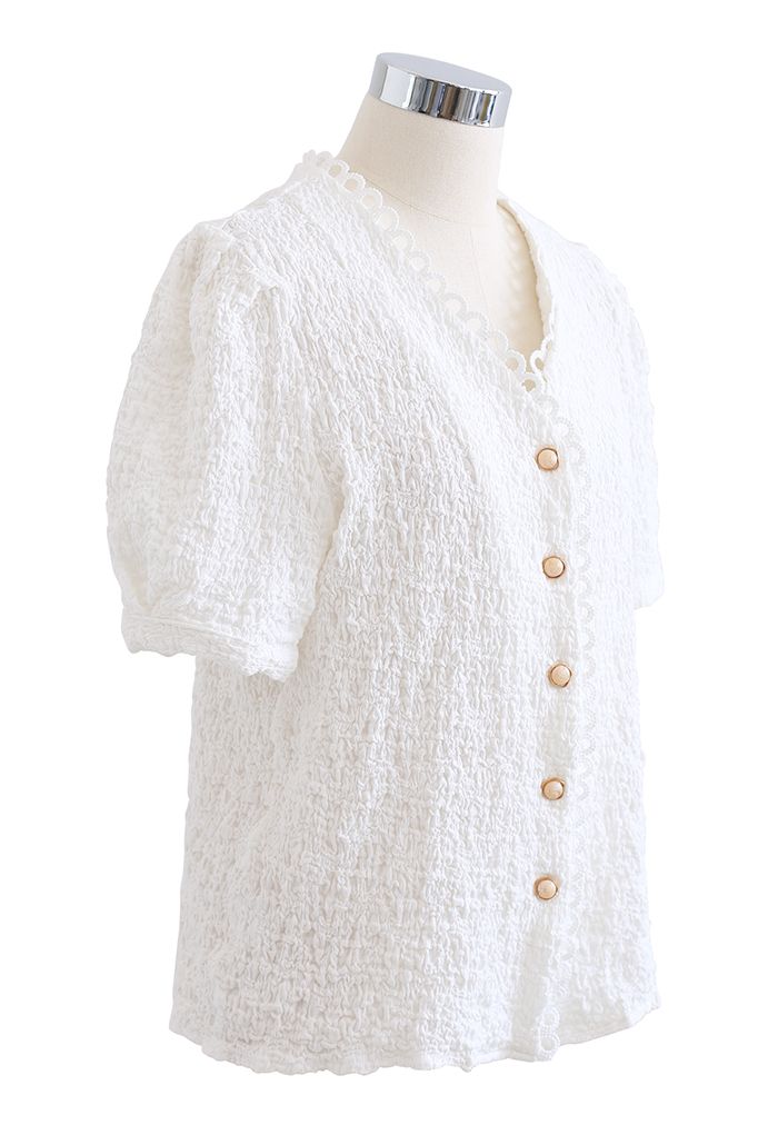 Embossed V-Neck Button Front Top in White