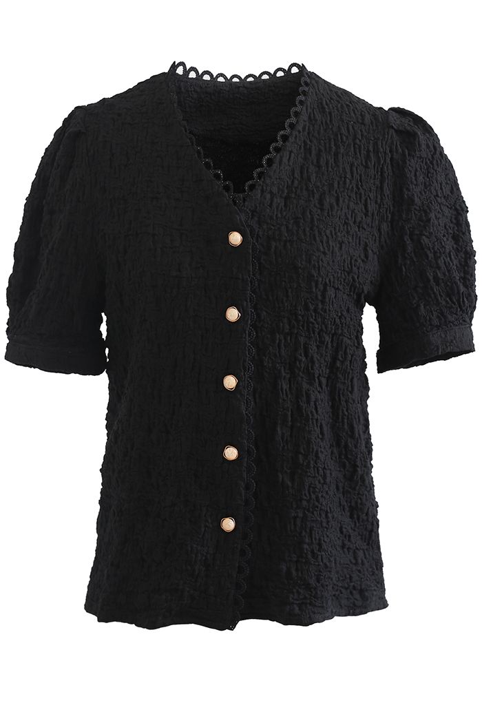 Embossed V-Neck Button Front Top in Black