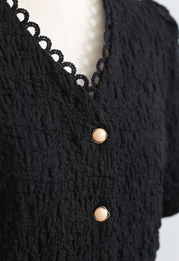 Embossed V-Neck Button Front Top in Black