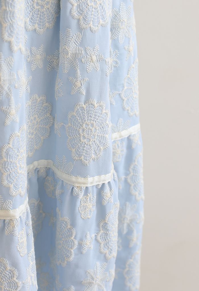 Embroidered Flower Scalloped Skirt in Light Blue