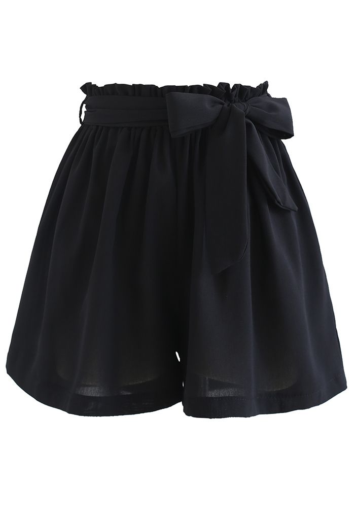 Button Down Shirt and Bowknot Shorts Set in Black