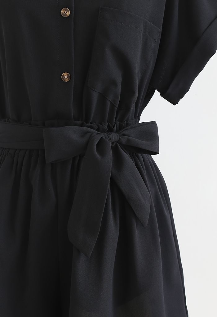 Button Down Shirt and Bowknot Shorts Set in Black