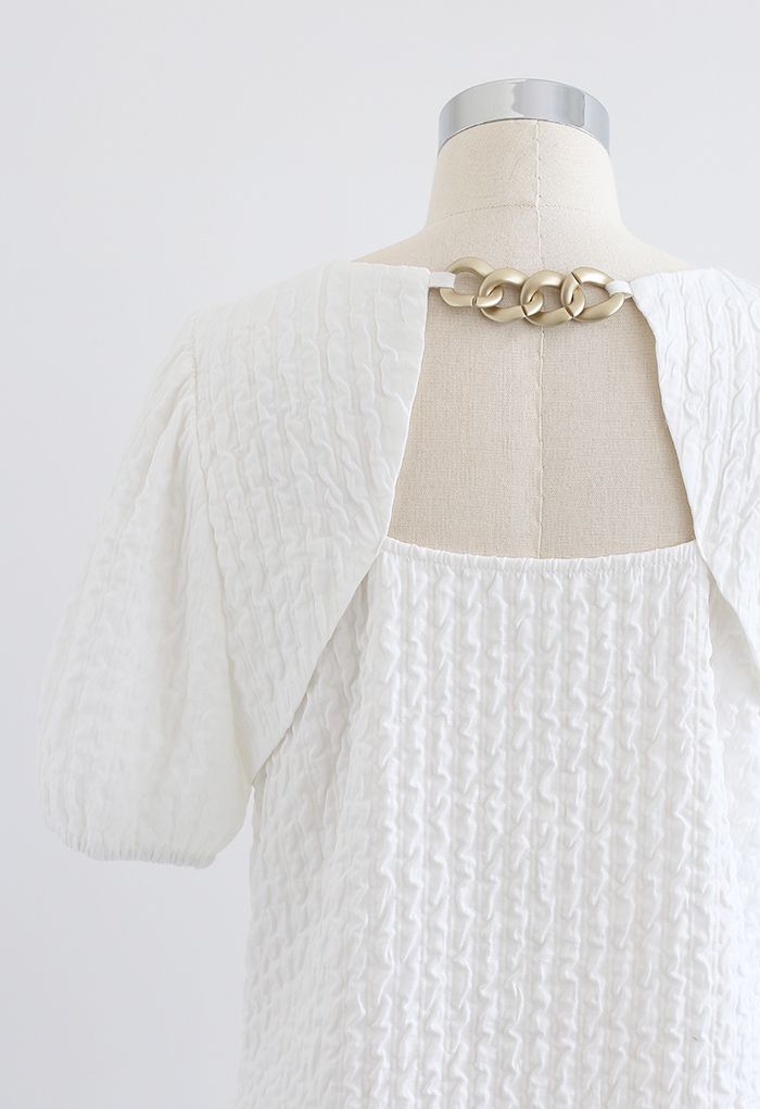 Golden Chain Detail Embossed Mini Dress in White