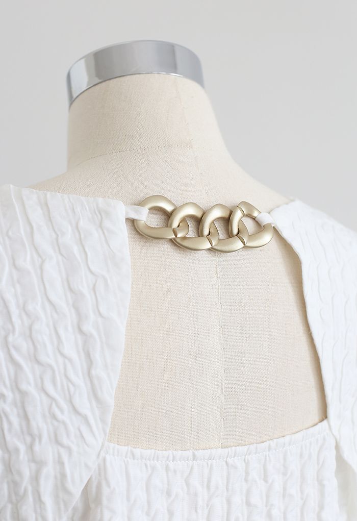 Golden Chain Detail Embossed Mini Dress in White