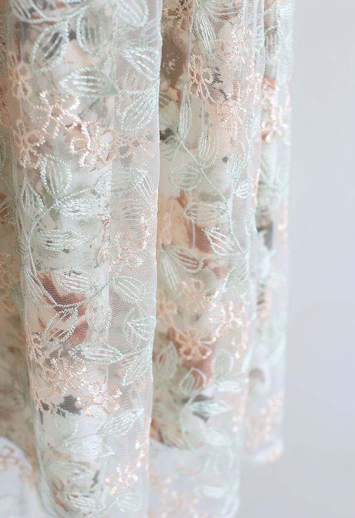Tie Shoulder Floral Embroidered Mesh Overlay Dress