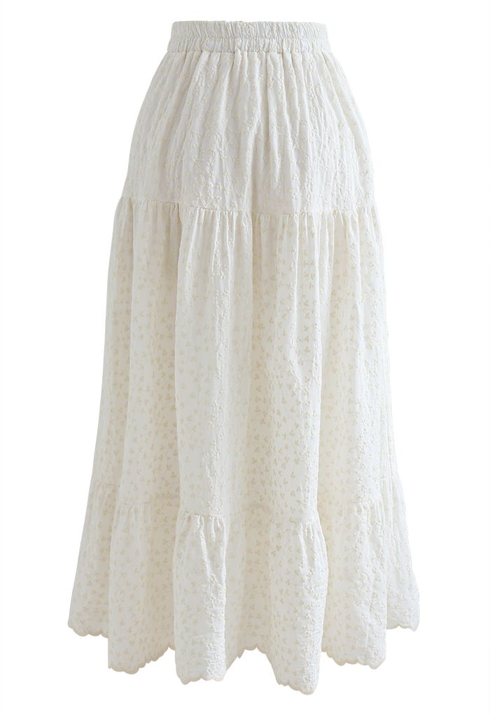 Embroidered Floret Frilling Cotton Skirt in Cream
