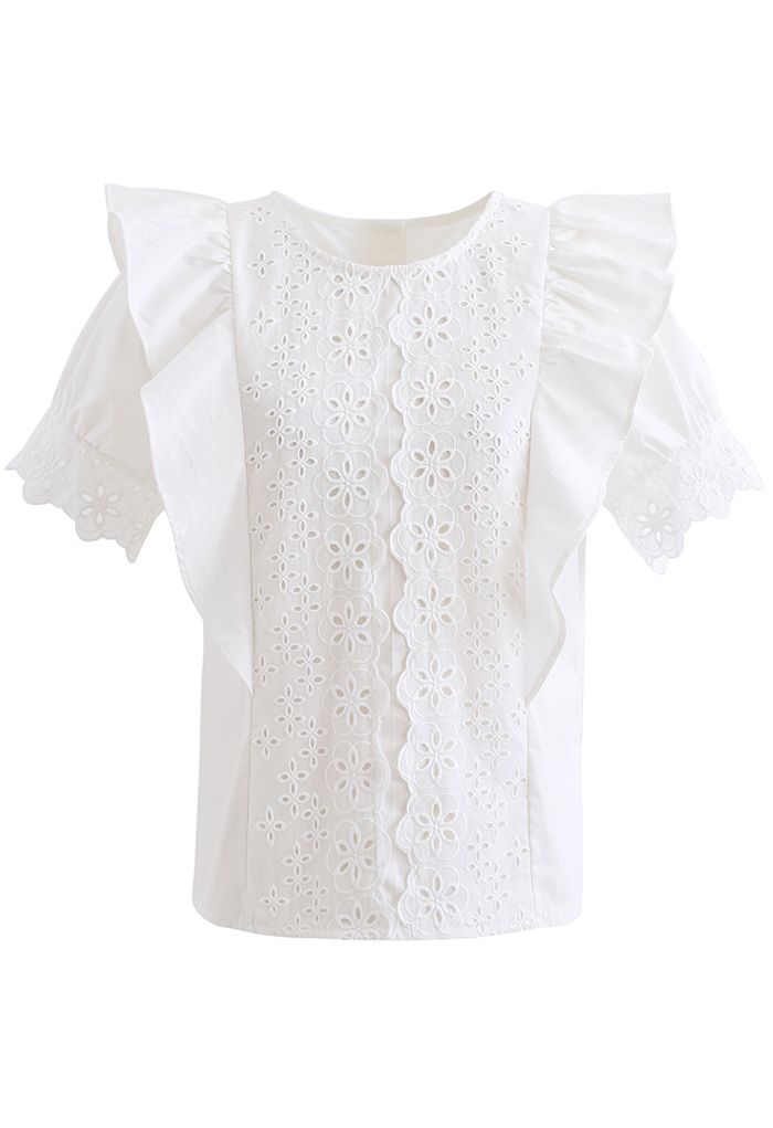 Embroidered Floral Buttoned Back Ruffle Top in White