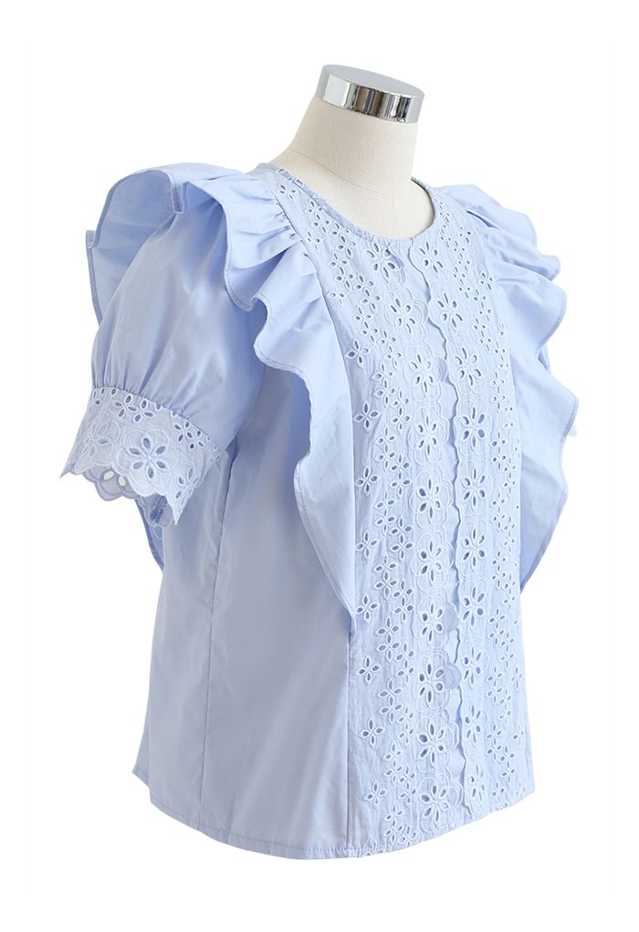 Embroidered Floral Buttoned Back Ruffle Top in Blue