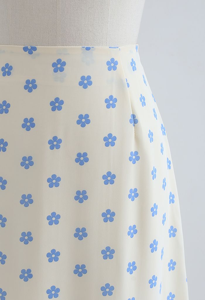 Daisy Print High-Waisted A-Line Midi Skirt in Cream