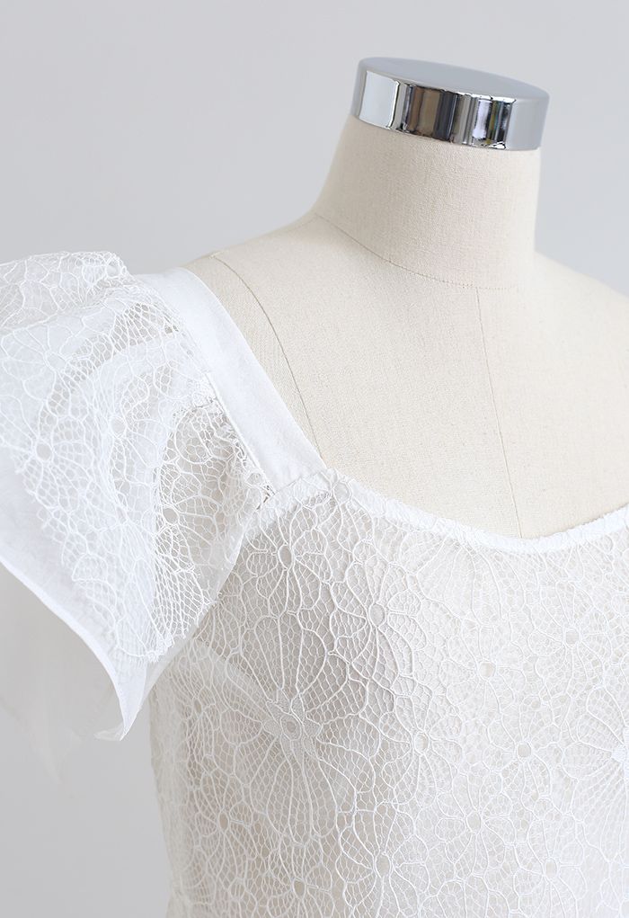 Flutter Sleeves Flower Lace Crop Top in White