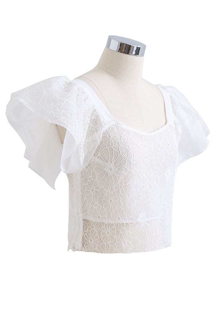 Flutter Sleeves Flower Lace Crop Top in White