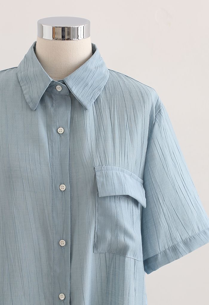 Patched Pocket Textured Shirt in Dusty Blue