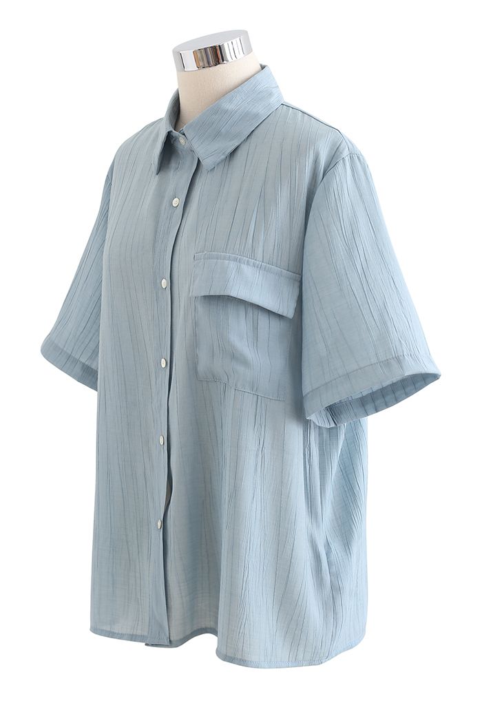 Patched Pocket Textured Shirt in Dusty Blue