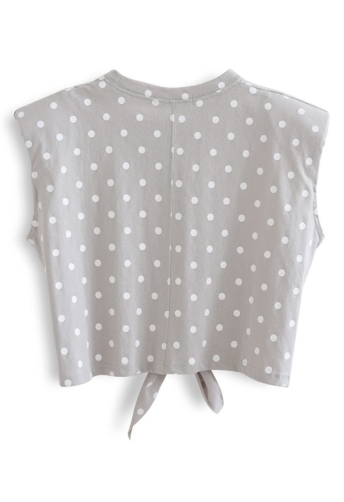 Knot Front Pad Shoulder Dotted Top in Grey