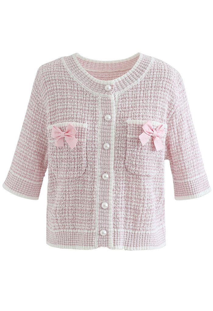 Bowknot Decorated Button Down Knit Cardigan in Light Pink