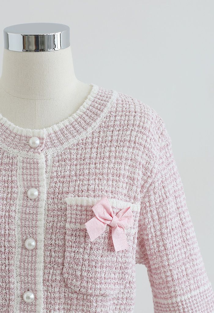 Bowknot Decorated Button Down Knit Cardigan in Light Pink