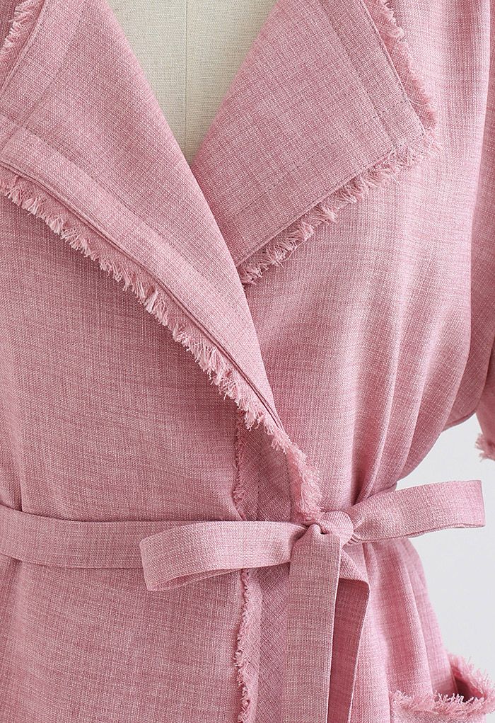 Fringed Self-Tie Short Sleeve Blazer in Pink