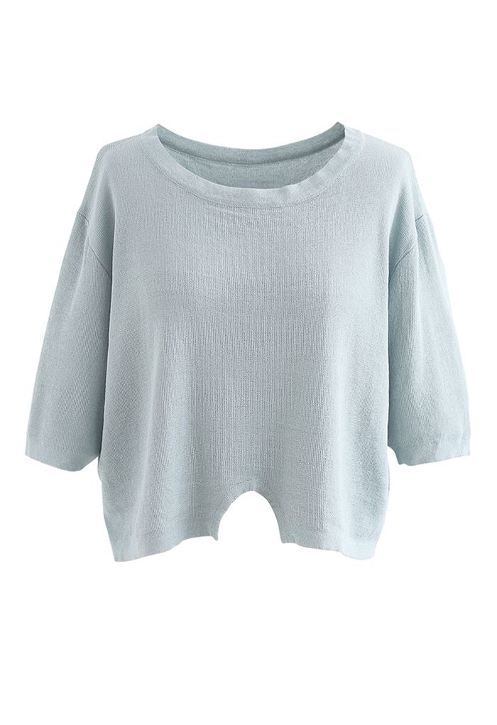 Round Neck Rib Knit Cropped Top in Light Blue