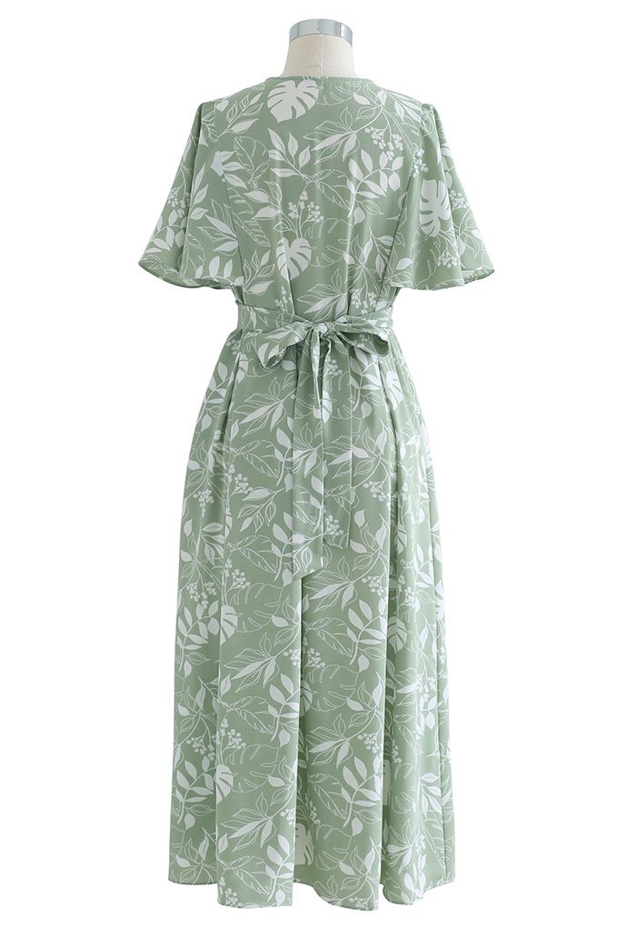 Botanical Garden Wrap Tied Midi Dress in Green