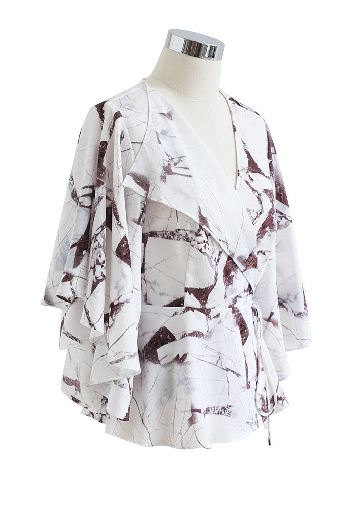 Butterfly Flare Sleeve Printed Wrap Top in Wine